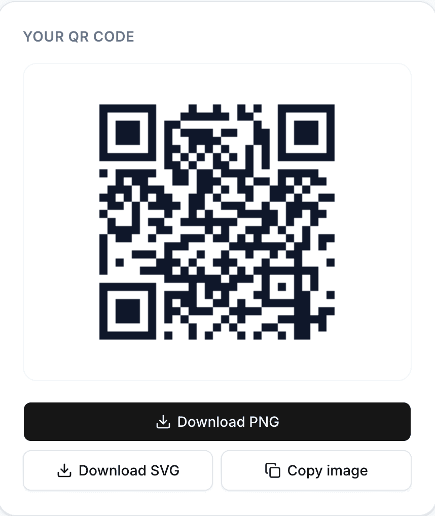 AnyQR's download panel with a finished QR and the buttons Download PNG, Download SVG and Copy image