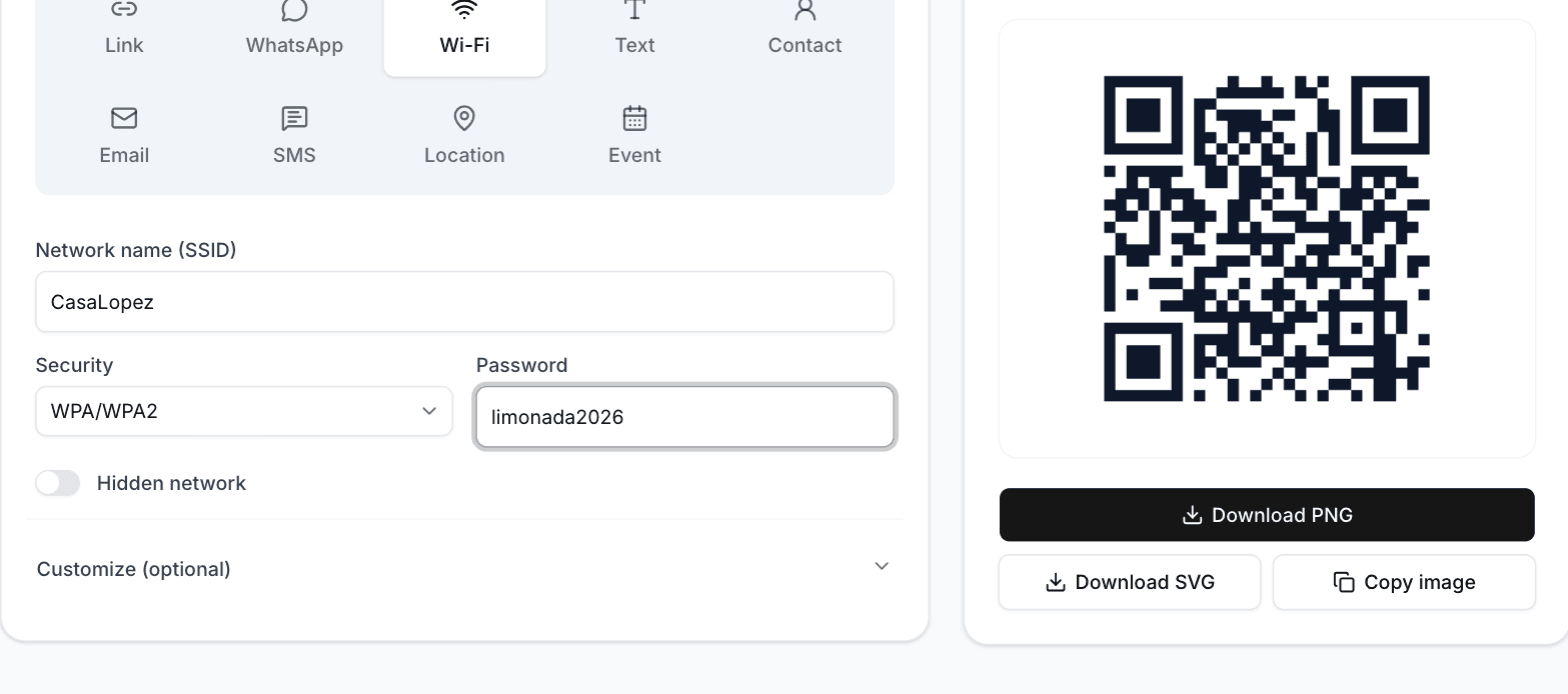 AnyQR's generator with a WiFi QR built: a form with network name and password on the left, the finished code ready to download on the right