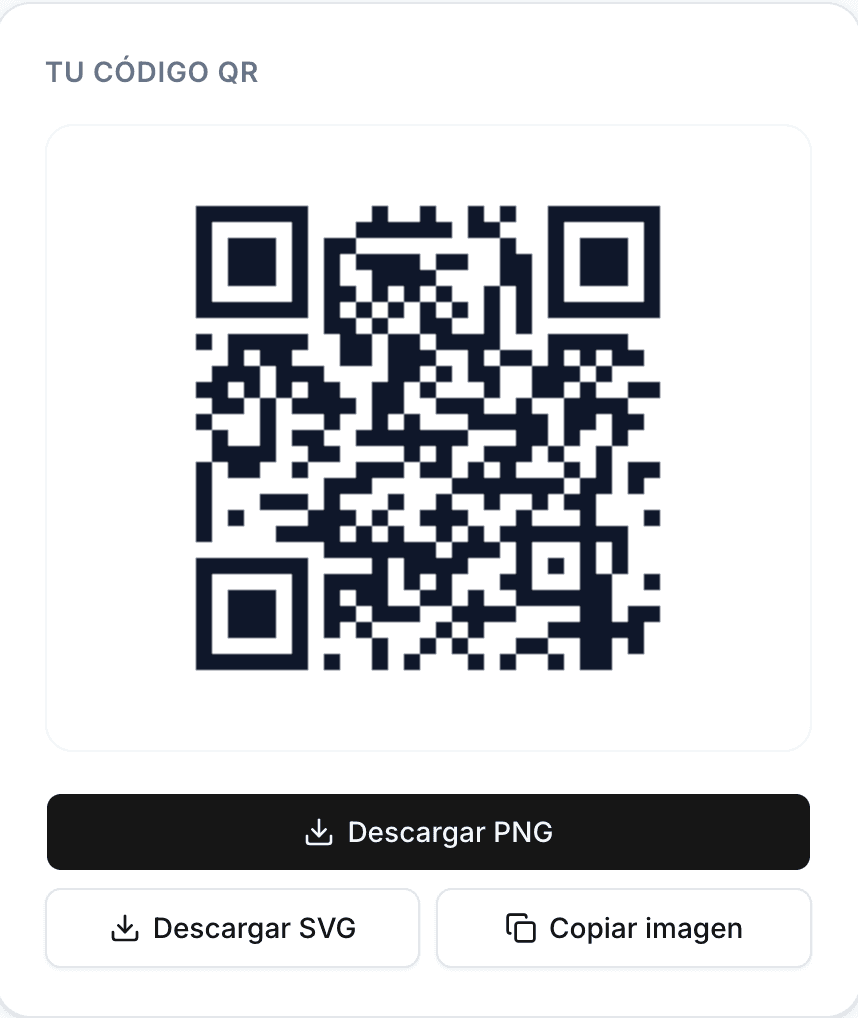 El panel de descarga de AnyQR con un QR terminado y los botones Descargar PNG, Descargar SVG y Copiar imagen