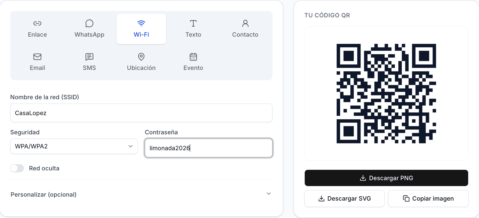 El generador de AnyQR con un QR de WiFi armado: formulario con nombre de red y contraseña a la izquierda, código listo para descargar a la derecha