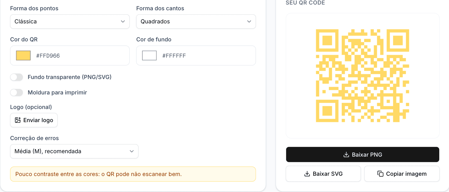 O personalizador do AnyQR com um QR amarelo sobre branco e o aviso: pouco contraste entre as cores, o QR pode não escanear bem