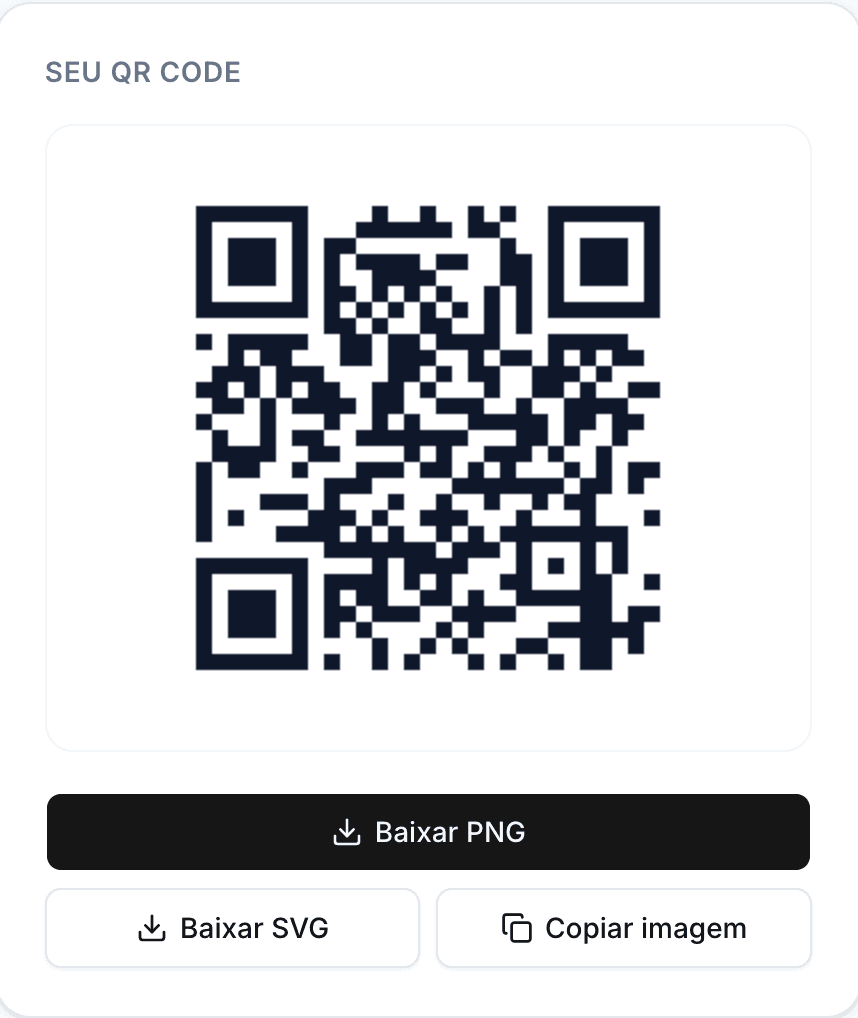 O painel de download do AnyQR com um QR pronto e os botões Baixar PNG, Baixar SVG e Copiar imagem