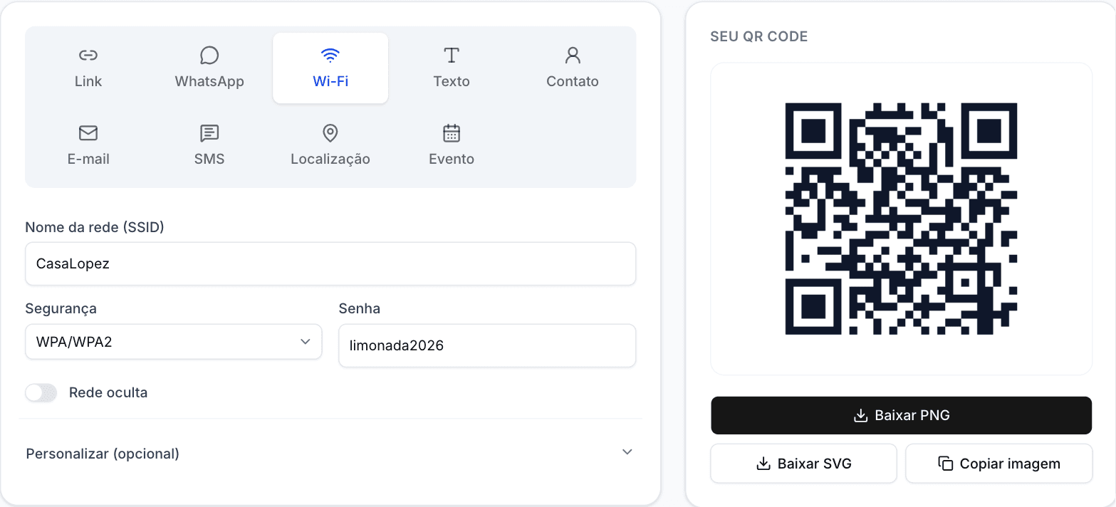 O gerador do AnyQR com um QR de WiFi montado: formulário com nome da rede e senha à esquerda, código pronto para baixar à direita